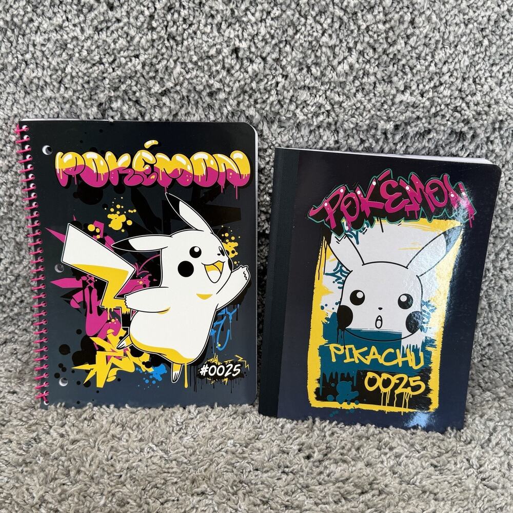 Pokemon Pikachu Notebook Lot of 2 Composition & Spiral 100 Sheets Graffiti New